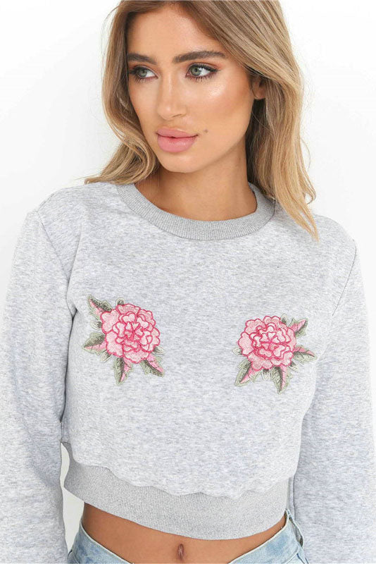 Flower Embroidery Long Sleeves Short Crop Top Sweatshirt