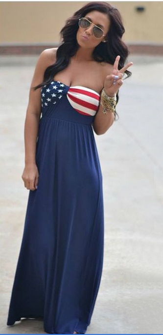 Strapless American Flag Print Long Dress - Oh Yours Fashion - 1