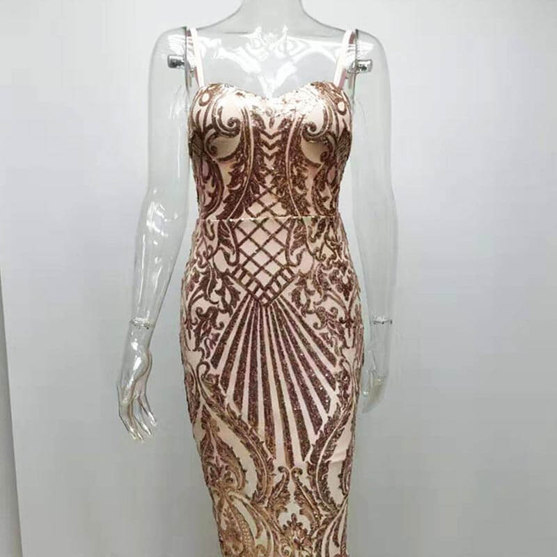 Low Cut Sequin Sling Midi Dress