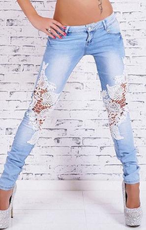 Lace Patchwork Hollow Low Waist Straight Jeans - OhYoursFashion - 2