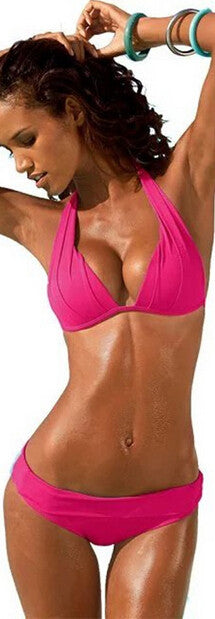 Pure Color Drape Padded Halter Bikini Set