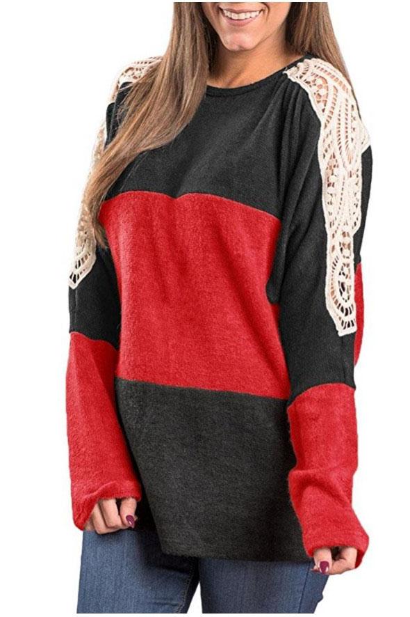 Loose Color Block Lace Patchwork Long Sleeves T-shirt