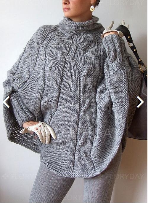 Turtleneck Cable Knit Long Batwing Sleeves Irregular Oversized Cloak Pullover Sweater