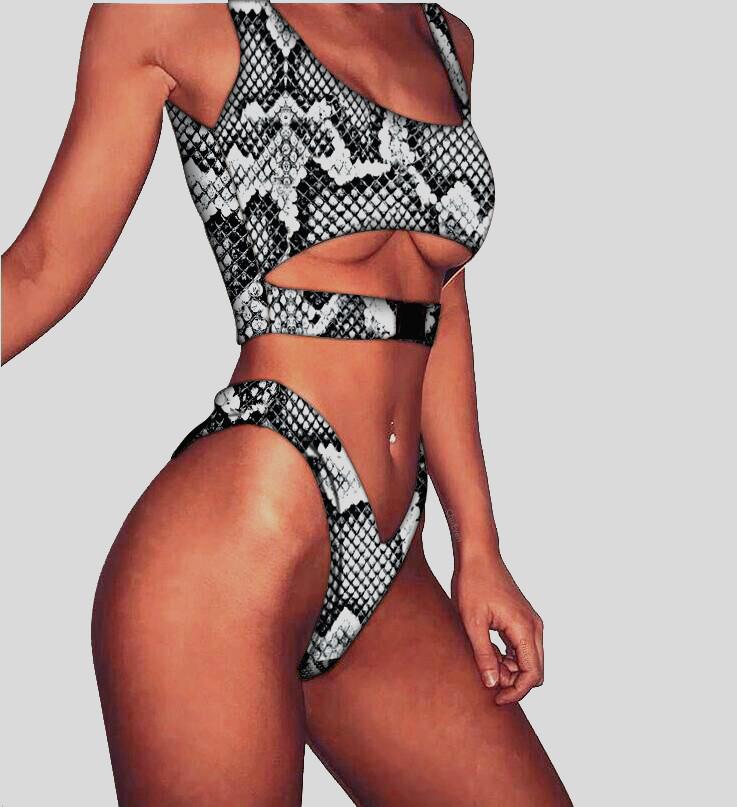 Print Square Straps Hollow Out Two Pieces Bandage Swimwear