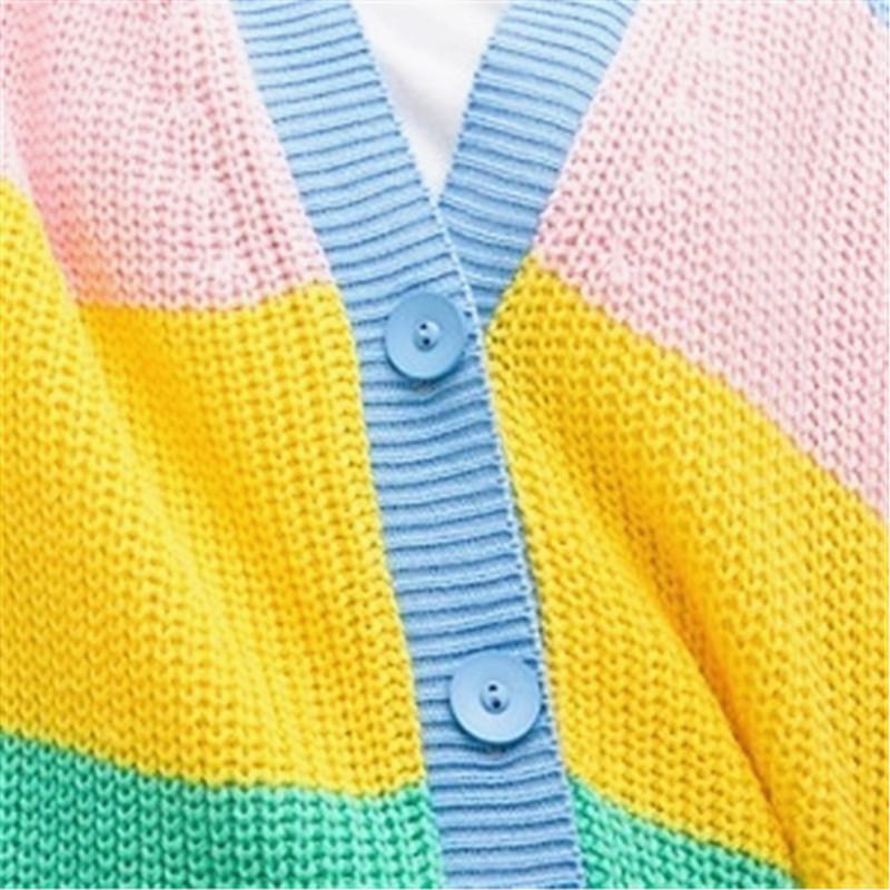 Rainbow Stripe Color Patchwork Buttons Long Oversized Women Cardigan