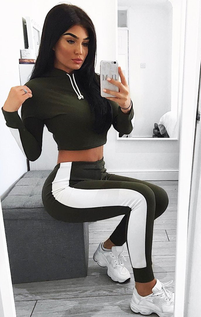 Color Patchwork Draw String Cropped  Hoodie with Long Skinny Pants Women Two Pieces Sports Set