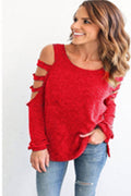 Pure Color Cut Out Long Sleeves Blouse