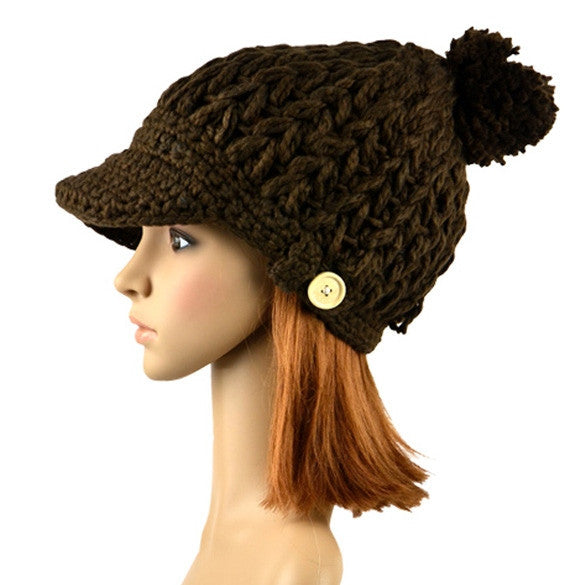 Women's Wool Winter Hat Thick line hat Ball Cute Hat Warm Flight Hat Peaked Cap - Oh Yours Fashion - 1