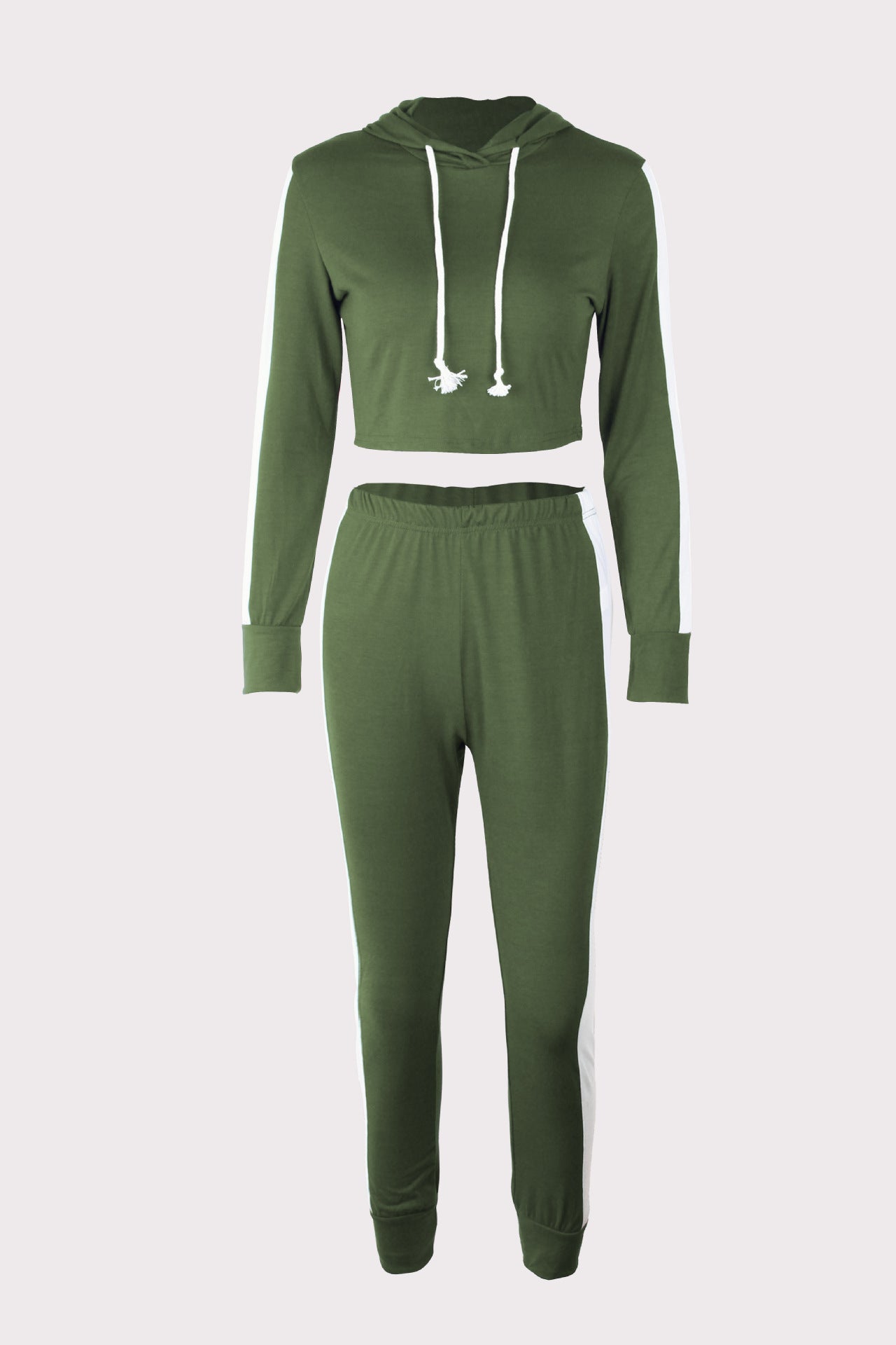 Color Patchwork Draw String Cropped  Hoodie with Long Skinny Pants Women Two Pieces Sports Set