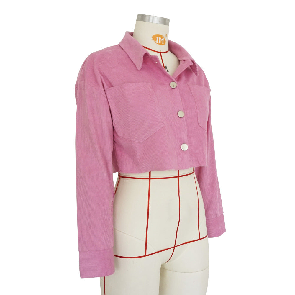 Shirt Collar Pockets Solid Color Women Cropped Short Denim Coat
