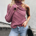 Turlteneck Cable Knit One Sleeve Bear Shoulder Women Pullover Sweater