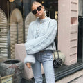 Crew Neck Hollow Out Knit Long Bishop Lantern Sleeves Chunky Women Sweater