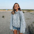 Crew Neck Hollow Out Knit Long Bishop Lantern Sleeves Chunky Women Sweater
