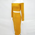 Off the Shoulder Crop Top with High Waist Tea-length Split Skirt Women Two Pieces Set