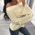 Straps Bandage Off the Shoulder Long Trumpet Sleeves Women Pullover Sweater