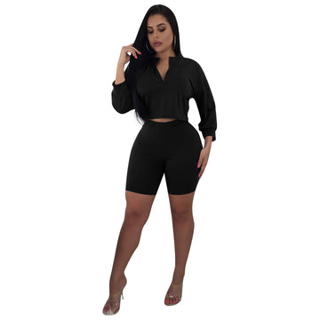 Pure Color Zipper Crop Top with Shorts Women Two Pieces Set