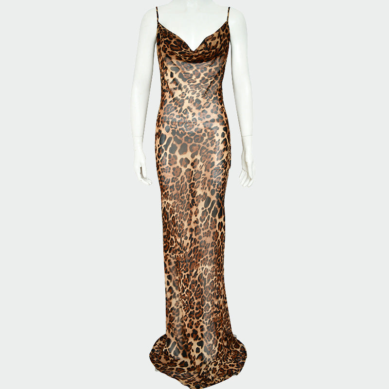 Spaghetti Strap Transparent Leopard Long Party Dress
