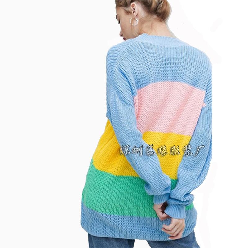 Rainbow Stripe Color Patchwork Buttons Long Oversized Women Cardigan