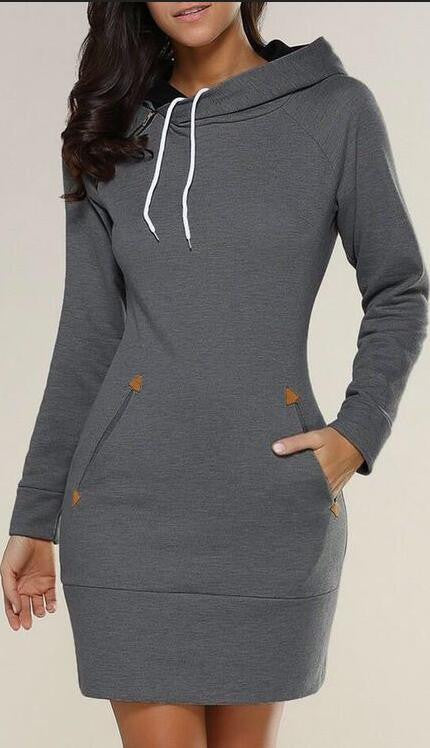 Fashion Pure Color Long Hoodie Dress - Oh Yours Fashion - 2