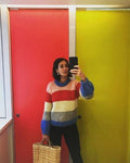 Rainbow Color Stripe Long Bishop Loose Women Pullover Sweater