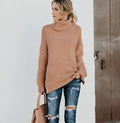 High Neck Loose Batwing Sleeves Solid Color Long Sweater