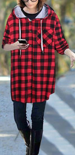 Plaid Long Sleeves Loose Hooded Long Coat - Oh Yours Fashion - 1