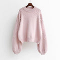 Beads High Neck Long Lantern Sleeves Cropped Pullover Sweater