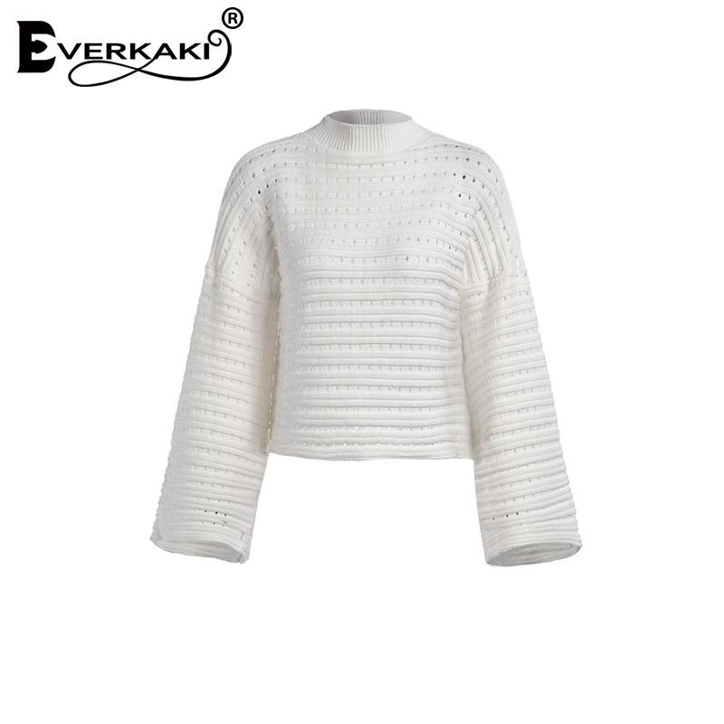 Hollow Out Crew Neck Long Trumpet Sleeves Hollow Out Cropped White Sweater