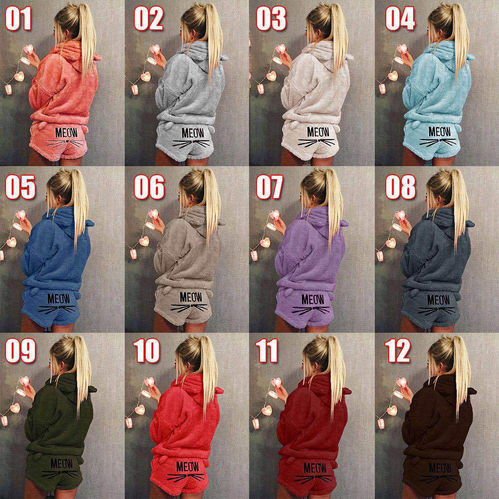 Lovely Cat Print Candy Color  Hooded with Shorts Women Fluffy Pajama Sets