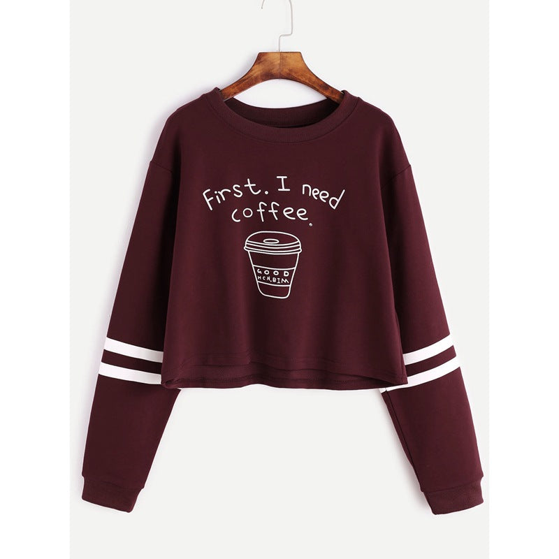 Letter and Coffee Cup Print Women Short Cropped Sweatshirt