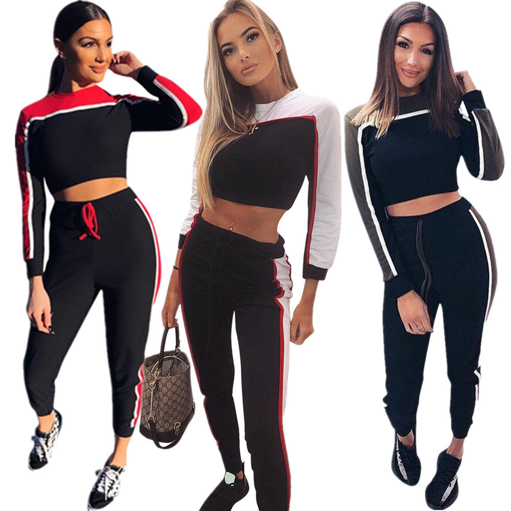 Color Patchwork Crop Top with High Waist Pants Women Two Pieces Set