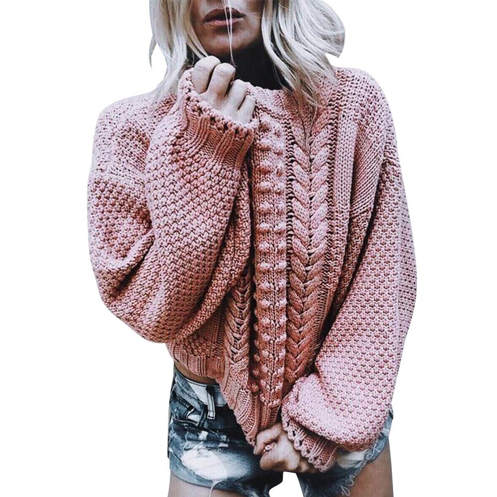 Cable Knit Scoop Long Bishop Sleeves Women Pink Chunky Sweater