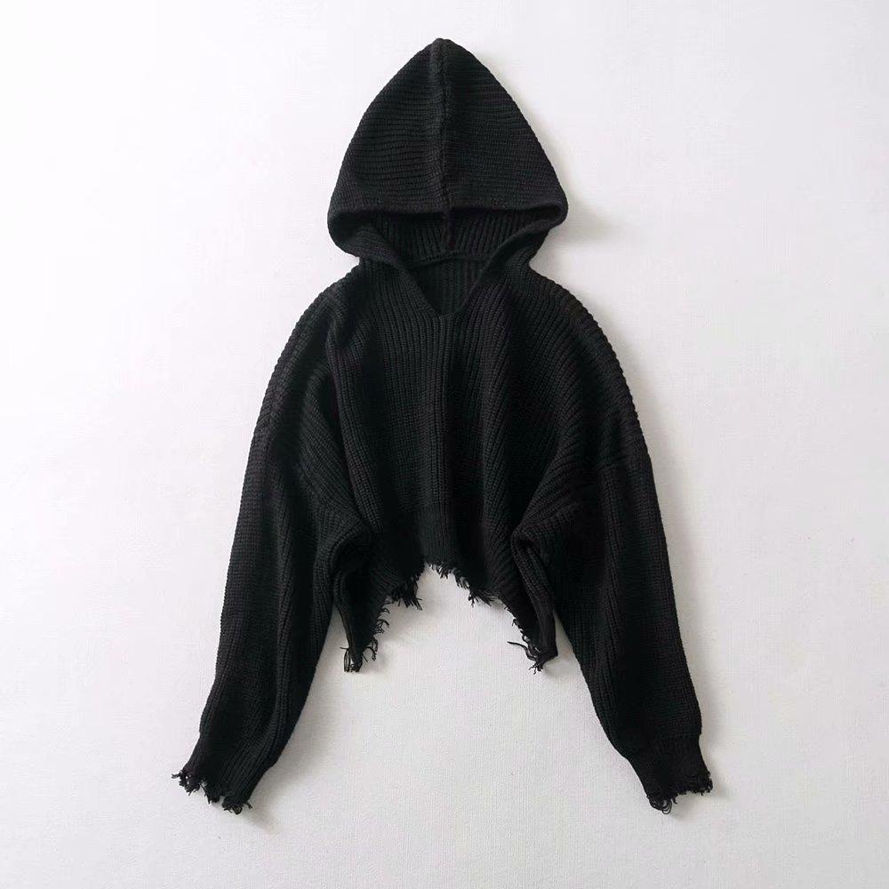 Hooded Irregular Tessals Long Batwing Sleeves Cropped Sweater