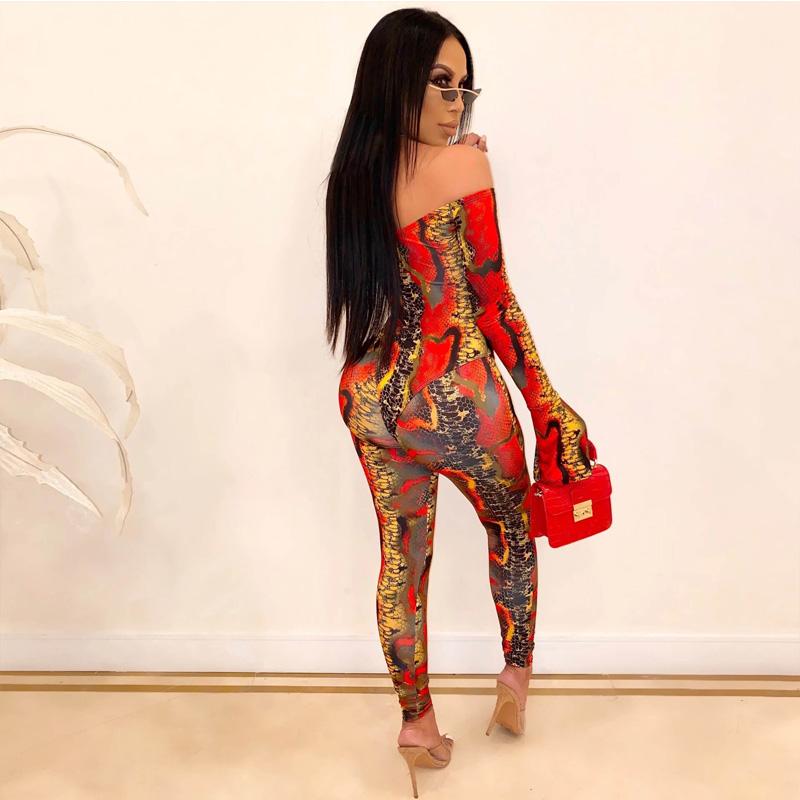 Long Sleeves Off Shoulder Bodycon Print Bell Sleeve Jumpsuits