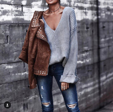 Solid Color Deep V-neck Loose Long Curl Sleeves Women Pullover Sweater