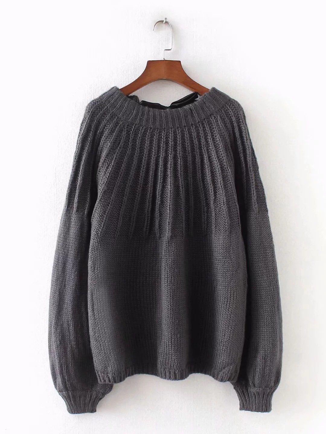 Mohair Backless Straps Bowknot Long Lantern Sleeves Women Pullover Sweater
