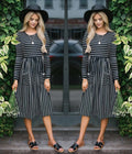 Stripes High Waist Pockets Women Knee-length Dress