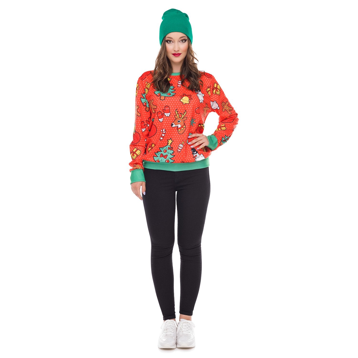 Reindeer Christmas Tree Print Women Scoop Party Sweatshirt