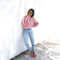 Cable Knit Scoop Long Bishop Sleeves Women Pink Chunky Sweater