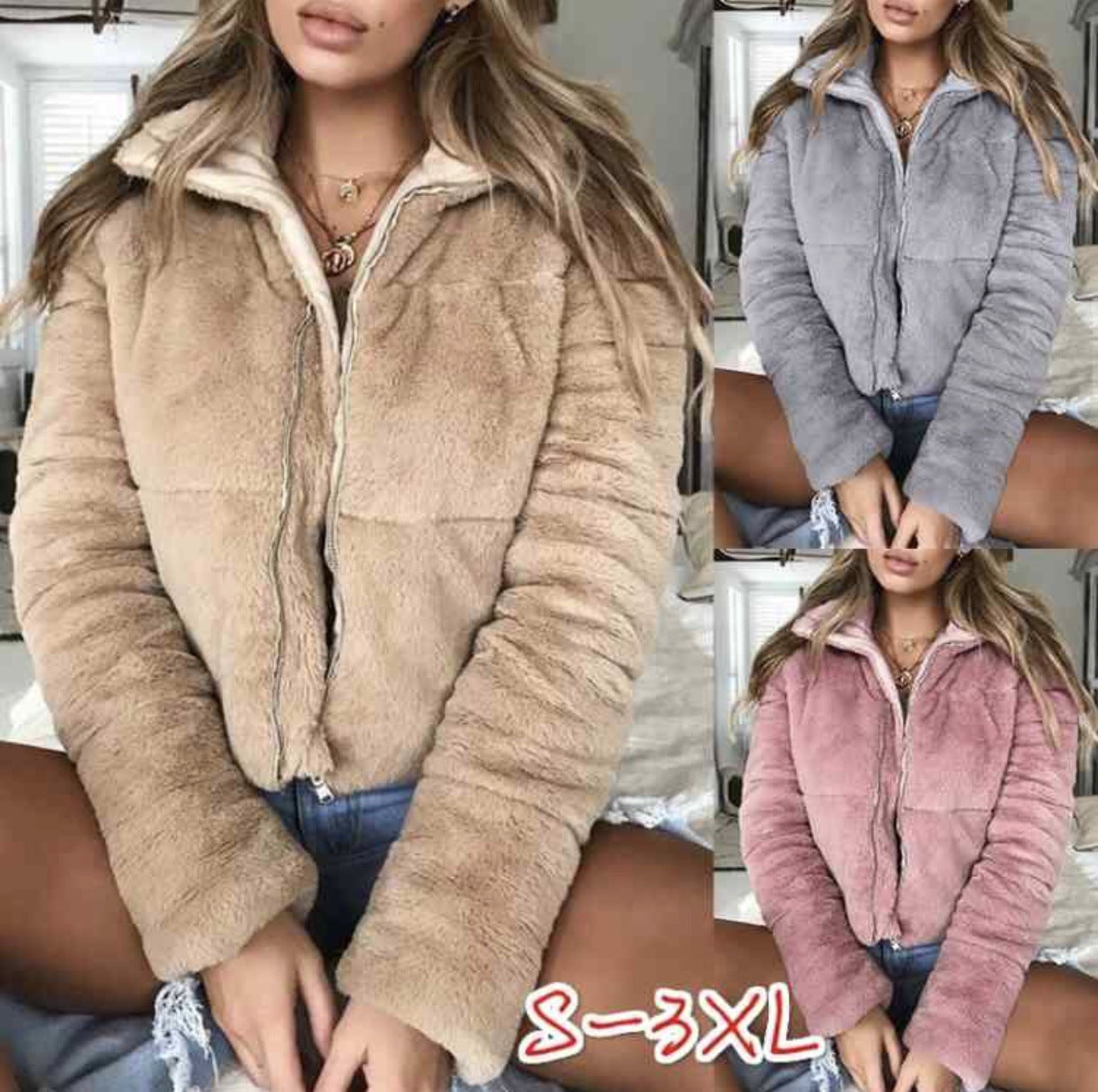 Lapel Zipper Faux Fur Women Short Teddy Coat