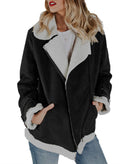 Faux Leather Lapel Patchwork Zipper Women Slim Jacket Coat