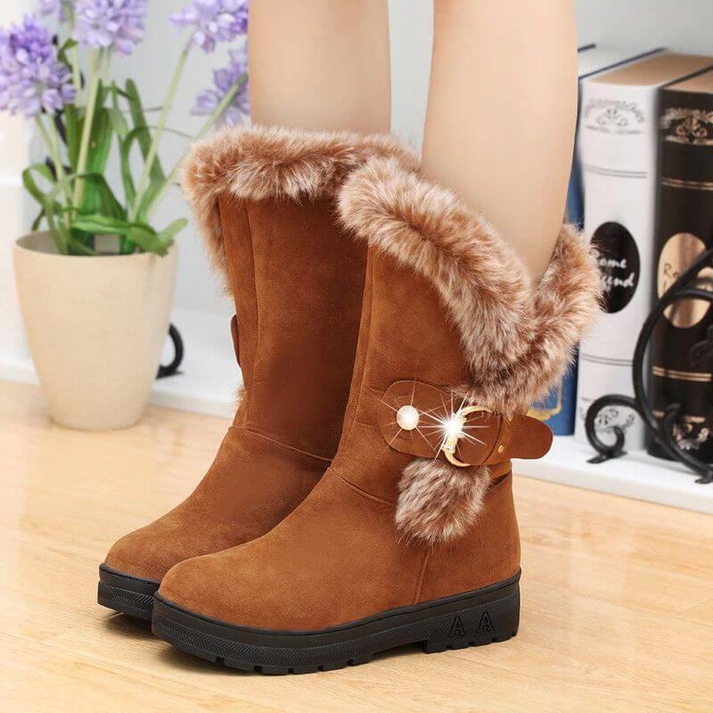 Faux Fur Flat Suede Buckle Mid Calf Boots