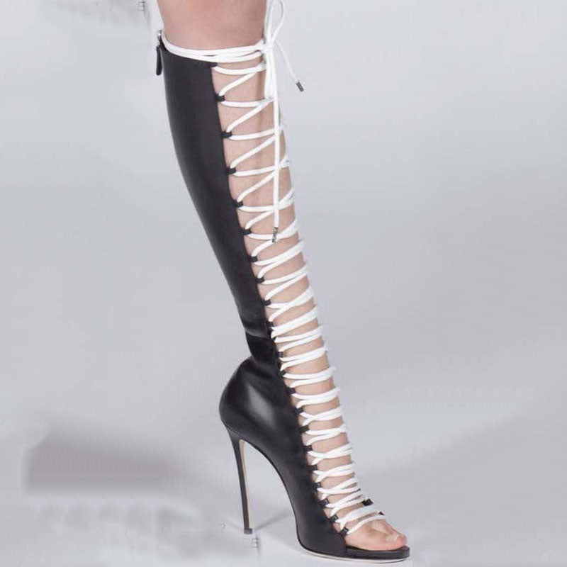Leather Strap Open Toe Cutout High Heel Knee High Boots