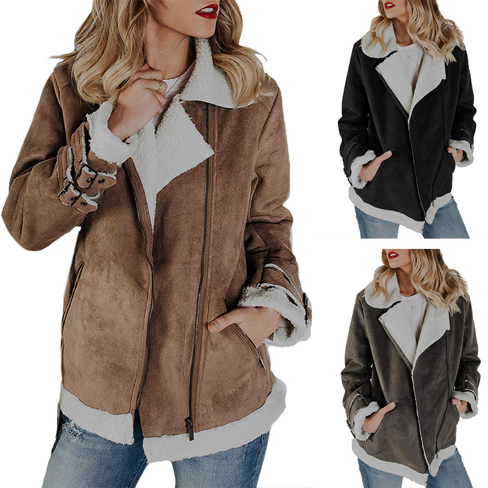 Faux Leather Lapel Patchwork Zipper Women Slim Jacket Coat