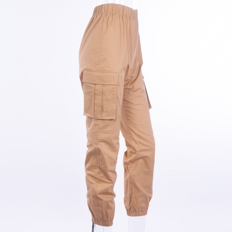 Solid Color High Waist Big Pockets Women Casual Loose Pants