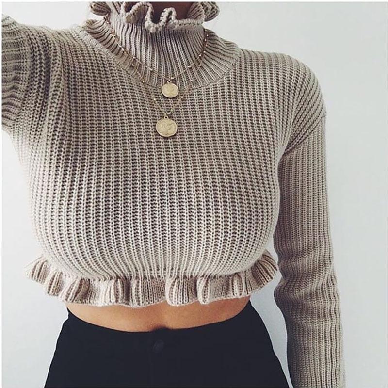 Ruffles Edge Turtleneck Solid Color Women Pullover Cropped Sweater