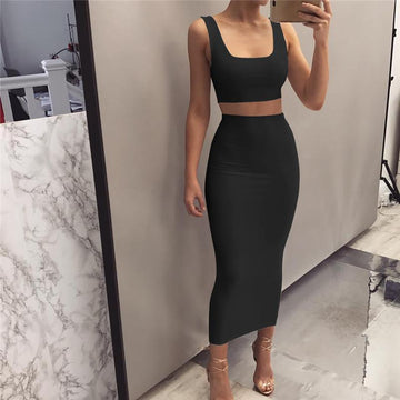 Crop Top with Knee-length Skirt Two Pieces Dress Suit