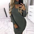 Turtleneck Beads Hollow Out Women Pullover Oversized Sweater Dress