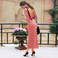 Deep V-back Buttons Split Solid Color Women Tee-length Long Dress