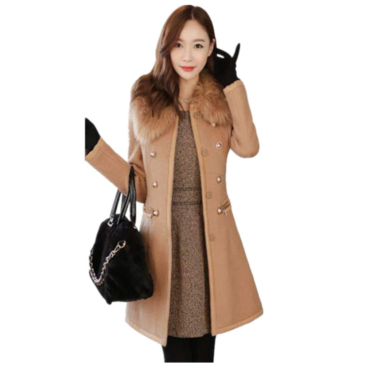 Faux Fur Collar Double Breast Women Slim Oversized Long Woolen Coat